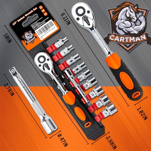 CARTMAN 11-Piece 1/4 Inch Ratchet Socket Wrench Set, 5-13mm Socket Kit Rack | Compact ratchet socket wrench set with quick release handle, extension bar, and 5-13mm sockets for repairs assembly, and DIY.