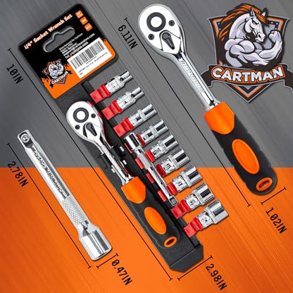 CARTMAN 11-Piece 1/4 Inch Ratchet Socket Wrench Set, 5-13mm Socket Kit Rack | Compact ratchet socket wrench set with quick release handle, extension bar, and 5-13mm sockets for repairs assembly, and DIY.