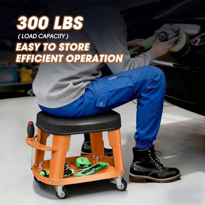 DNA Motoring Removable Rolling Garage Stool with Seat Cushion & Tool Tray Plate, 300lbs Max Weight Capacity, Orange, TOOLS-00479-OG - color: Orange