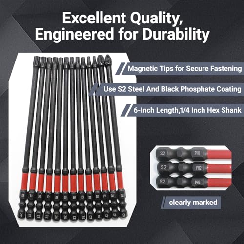 6-Inch Long Screwdriver Bit Set, 63-Pcs Impact Screwdriver Bits Set, Magnetic S2 Steel, 1/4" Hex Shank, Torx/Phillips/Hex/Nut Driver Bits with Organized Storage Case
