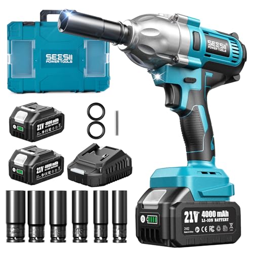 Seesii Impact Wrench 665 FT-LBS(900N.m) 3300IPM 1/2 Impact Gun High Torque Electric Impact Driver Cordless Impact Wrench with 21V 2x4.0Ah Battery 6 Sockets&Case for Home Car Tire Lug Nut Removal Tool - color: Blue