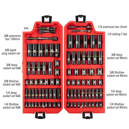 LLNDEI 151 Piece Ratchet Wrench Tool Set 1/4" 3/8" Drive with SAE and Metric 6 Point Sockets Set, Mechanic Tool Kit with Bits, Combination Wrench universal joint adapter. - color: 151 Pcs 1/4" 3/8" Drive Sockets Set 6 Point