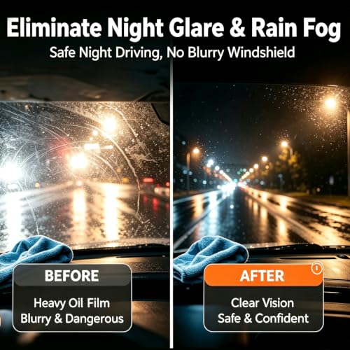 Car Glass Oil Film Remover, Windshield Polishing Cleaner Kit with Microfiber Towel, Anti-Glare Anti-Fog Formula Cleans Oil Stains, Wiper Marks, Road Dirt & Water Spots for Auto 100ml(1pc)