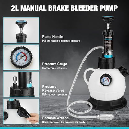 DURATECH 2L Manual Brake Bleeder Kit with 3 Master Cylinder Adapters, One Person Brake Fluid Pressure Bleeder with 1L Refilling Bottle, Large Capacity, Compatible with Most Vehicles