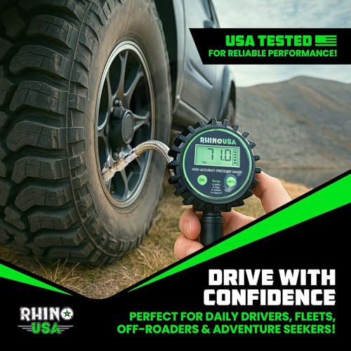 Rhino USA Digital Tire Pressure Gauge with Inflator (0-200 PSI) - 2in Dial | Heavy Duty Air Chuck & Compressor Accessories. Stainless Braided Hose, Large 2in Dial, Solid Brass Hardware. - style: 200psi Digital