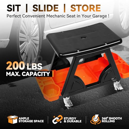 Auto Dynasty Steel Mechanic Tool Rolling Seat with Tool Tray Max 200 Lbs for Household Home Garage Warehouse Office, Orange
