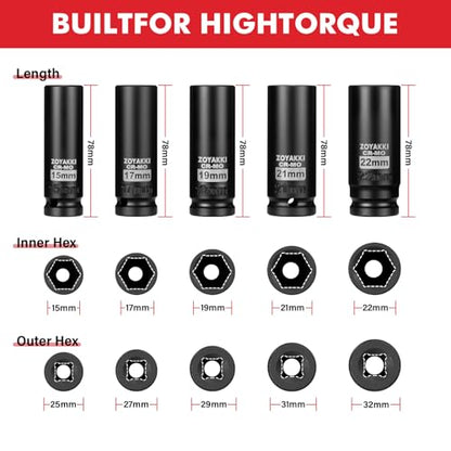 5-Piece 1/2 Inch Drive Impact Socket Set,CR-MO Steel 6-Point Deep Socket,Metric 15-17-19-21-22mm Hexagon Deep Socket Set with Storage Box for Repair Mechanic Garage - size: 1/2" Metric 5PC Set