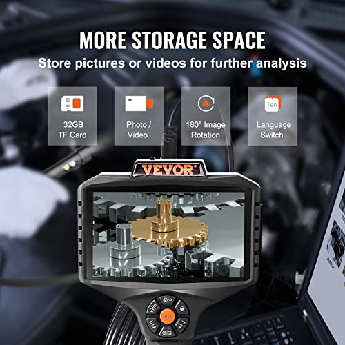 VEVOR Triple Lens Inspection Camera with Light, 5" IPS Screen Industrial Borescope, 8X Zoom 1080P HD Split Screen, 10 LED Lights Scope Camera for Automotive, Plumbing(16.5FT) - size: 5" IPS Screen-16.5FT