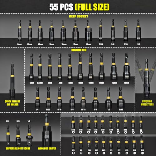 Facoow Magnetic Nut Driver Set 55PCS, SAE&Metric Impact Nut Driver Set with Socket Adapters, Deep Nut Drivers, Power Bit, Wing Nut Driver, Quick Release Extension, Poviting Nutsetter, Storage Box