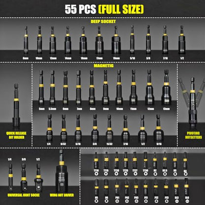 Facoow Magnetic Nut Driver Set 55PCS, SAE&Metric Impact Nut Driver Set with Socket Adapters, Deep Nut Drivers, Power Bit, Wing Nut Driver, Quick Release Extension, Poviting Nutsetter, Storage Box