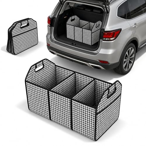 Car Trunk Organizer with 3 Compartments Folding Storage for Car, Large Storage Boxes for Cargo Trunks, Universal SUV, Truck (Houndstooth Thickened) - color: Black and white checkered