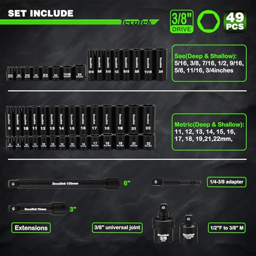 TecoTek 3/8" Drive Impact Socket Set, 49-Piece Standard SAE (5/16"-3/4") and Metric (8mm-22mm), 6 Point, Cr-V, Extension Bars, 1/2" F to 3/8" M Reducer, Universal Joint and Power Drill Adapter - size: 3/8" Drive 49pcs Impact Socket Set