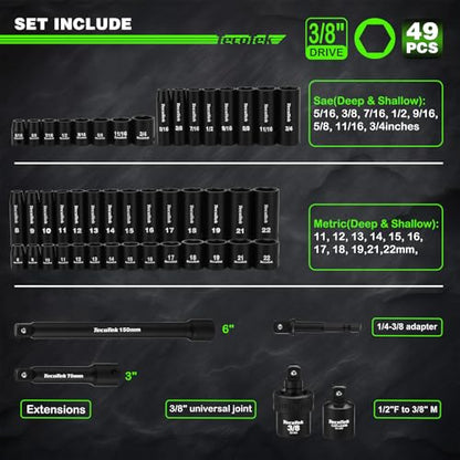 TecoTek 3/8" Drive Impact Socket Set, 49-Piece Standard SAE (5/16"-3/4") and Metric (8mm-22mm), 6 Point, Cr-V, Extension Bars, 1/2" F to 3/8" M Reducer, Universal Joint and Power Drill Adapter - size: 3/8" Drive 49pcs Impact Socket Set