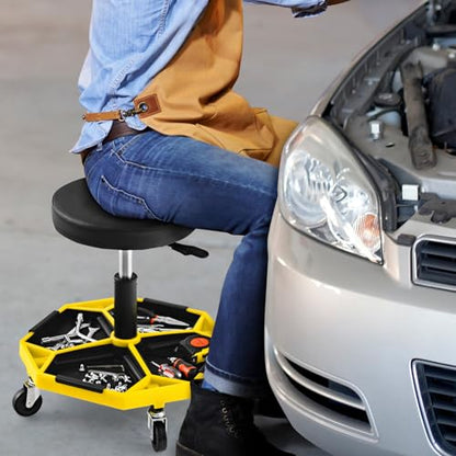 TANGZON 150KG Pneumatic Rolling Mechanic Stool, 41CM-55CM Height Adjustable & 360° Swivel Roller Creeper Seat with Removable Tool Tray and Wheels, Heavy Duty Padded Garage Workshop Stool (Yello+Black) - color: Yello+black