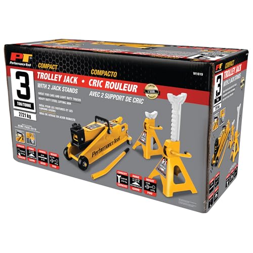 Performance Tool W1619 3 Ton Trolley Jack and Jack Stands: 6000 lb Capacity, 5.75-17.125-in Lift, 11.25-16.75-in Height Ratchet-Style Jack Stands, Swivel Casters and Steel Wheels, High-Viz Yellow