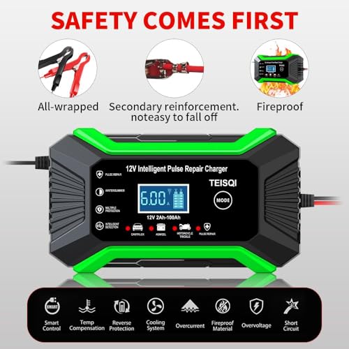 Car Battery Charger, 12V 6A Smart Battery Trickle Charger Automotive 12V Battery Maintainer Desulfator with Temperature Compensation for Car Motorcycle Mower Marine Lead Acid Batteries (Green)