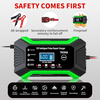 Car Battery Charger, 12V 6A Smart Battery Trickle Charger Automotive 12V Battery Maintainer Desulfator with Temperature Compensation for Car Motorcycle Mower Marine Lead Acid Batteries (Green)