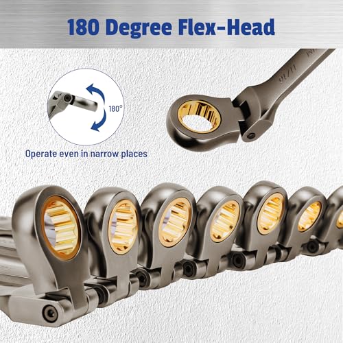 22-Piece Flex Head Ratcheting Wrench Set, with 180° Flex Head, Metric 6-18 mm & SAE 1/4-3/4", Combination Wrench Sets with Organizer Box