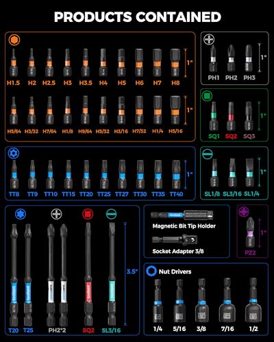 toolant Impact Driver Bit Set,52-Piece S2 Steel Screwdriver Bit Set,Hex,Torx,Phillips,Slotted,Square Bits and Nut Driver with Case - style: Standard