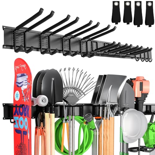 66" Garage Tool Organizer Wall Mount,20 PCS Wall Mounted Garden Tool Storage Rack Carries 720lbs, 4-Panel Steel Tool Hanger System for Shovels Rakes Brooms – Fits 16" Wall Studs - size: 66" | 4 Panels+12 Hooks+4 Straps