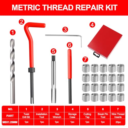 Helicoil Metric Thread Repair Insert Kit, M8x1.25mm Rethreading | Thread Repair kit with HSS Drill Bits, Rethreading Inserts Tool Set for Damaged Thread Repairing with Carry Case