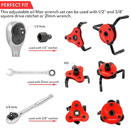 BILITOOLS Universal Adjustable 3-Jaw Oil Filter Wrench, 1/2-Inch Drive | Heavy-Duty Oil Filter Removal Tool, Fits 2-1/2 to 5-1/8 Inch Engine Filters for Cars, Trucks and SUVs