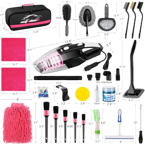 39Pcs Car Cleaning Wash Kit Interior Detailing Cleaner Kit with High Power Handheld Vacuum, Brush Set, Windshield Tool, Duster, Towels, Tire Brush, Complete Car Care Tools, Pink - color: Pink, size: 39Pcs