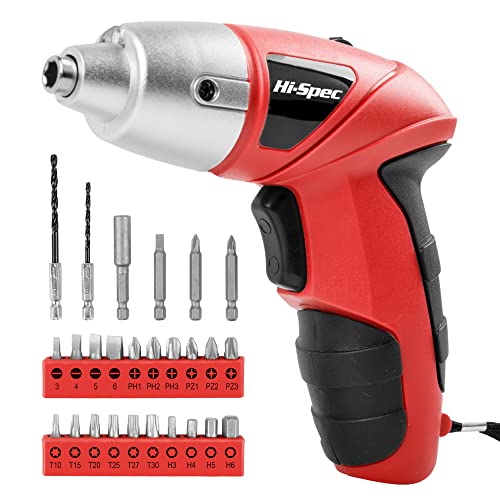 Hi-Spec Small Electric Screwdriver, Mini Drill Set, Rechargeable 3.6V Cordless Screwdriver with 26 Driver Bits, Power Tool for Small Projects & Home Use, Red - color: Red