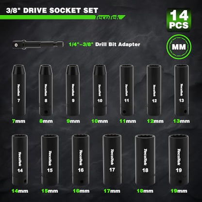 TecoTek 14 Pieces 3/8-Inch Drive Impact Socket Set, 12-Point, Metric, Deep, CR-V, 7mm to 19mm, Drill Socket Adapter 3/8" - size: 7mm-19mm(Deep)