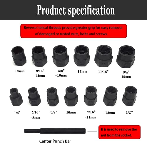 14PCS Twist Lug Nut Socket Set, 3/8" Drive Bolt Nut Extractor Tool | Metric, 6.35mm -19mm Sockets, Center Punch Bar, Damaged Nut Lock Remover, Rusted, Stripped, Screws, Stuck Locking Nut Removal - color: 14pcs Lug Nut Extractor 3/8 Inch Drive