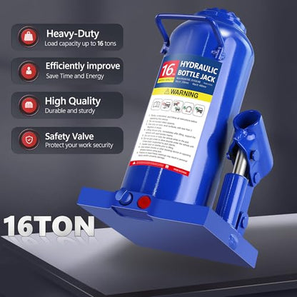 16T Hydraulic Bottle Jack, 32,000 lbs, with Tire Kit | Industrial jack for construction & farm. 9.06"-17.32" lift. Carry handle. Portable. - color: 16 Ton Basic with Tire Repair Kit