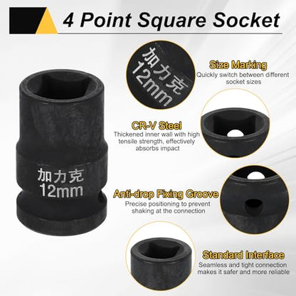 HARFINGTON 3pcs 4 Point Square Socket 1/2" Drive 12mm Metric Square Impact Socket CR-V Blackening Standard Wheel Sleeve Pneumatic Sleeve Tool for Auto Repair Mechanical Maintenance Home Use - size: 12mm