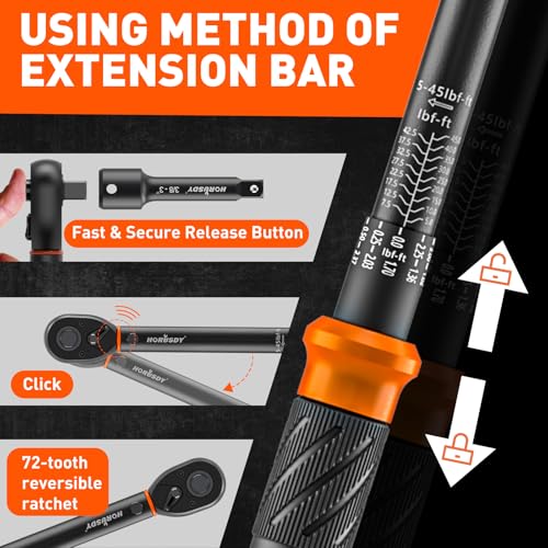 3Pack Torque Wrench Set, 1/4", 3/8", 1/2" Drive Click Torque Wrench Extra with Extension Bars & Adapters, Dual-Direction Adjustable Precision Torque Wrenches for Car, Motorcycle, Bike DIY Maintenance - size: 20-240 in.lb & 5–45 ft-lb & 10–170 ft-lb, style