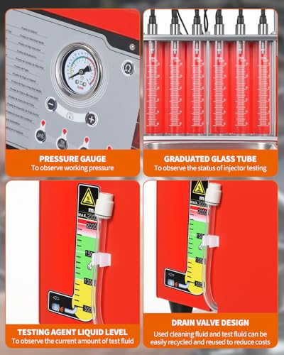 Garvee Fuel Injector Cleaner Tester 6-Cylinder 14 Test Modes 12V, Ultrasonic GDI/Piezo/Motorcycle Injectors, 0-10 bar, 0.1-25ms, Resistance, Leakage, Auto, On-Vehicle Cleaning, Digital Display - size: 6-Cylinder Model， 3-in-1