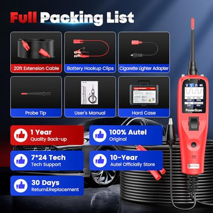 Autel PowerScan Automotive Circuit Tester, Power Circuit Probe Tool, 12-24V Electrical Short Open Breaker Circuit Finder, AC/DC Current Resistance, Duty Cycle, & 20FT Extension Cord, for 99% Cars