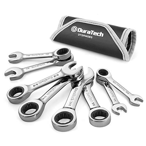 DURATECH Stubby Ratcheting Combination Wrench Set, SAE, 8-Piece, CR-V Steel | 5/16", 3/8", 7/16", 1/2", 9/16", 5/8", 11/16", and 3/4", 72-Tooth, 5° Swing Arc, for Narrow Spaces, with Rolling Pouch - size: SAE(5/16'' to 3/4'')