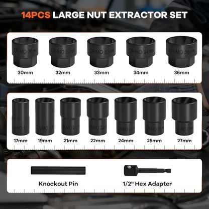14-Piece 1/2" Drive Large & Deep Lug Nut Extractor Set | 17-36mm – Heavy Duty Socket Kit for Removing Stripped, Damaged, or Rounded Nuts