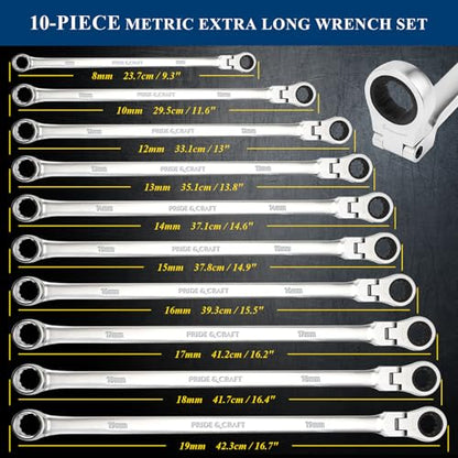 PRIDE&CRAFT 10-Piece Extra Long Ratcheting Wrench Set - Metric Flex Head Double Box End (8-19mm) 2X Longer Wrenches, Chrome Vanadium Steel with 90-Tooth Ratchet for Automotive Repair - size: 10-Piece