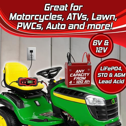Banshee 4Amp 6V 12V Automatic Smart Smart Charger, Maintainer, Reconditioner/Desulfator, 12V Supply, & Winter Mode with LCD Display for Lead Acid and Lithium (LiFePO4) Battery