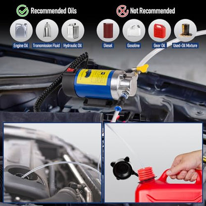 Oil Extractor Pump 12V 100W, Ultra-Quiet Fluid Transfer Pump for Engine Oil, Transmission Fluid, Gear Oil Change - Self-Priming Oil Change Pump for Car, Boat, Motorcycle, Mower, RV (3 Hoses+Adapters)
