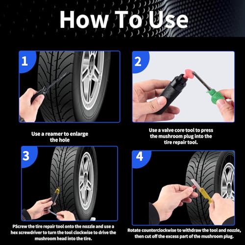 Professional Mushroom Tire Plug Kit –Heavy Duty Tubeless Tire Repair Set for Motorcycles, Cars, Trucks, ATVs & Tractors | Quick & Durable Roadside Flat Fix Solution - color: Black
