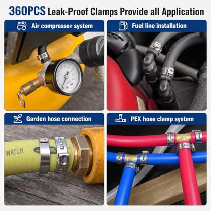 360Pcs Single Ear Hose Clamps Kit,Stepless 5.3-36.1mm 304 Stainless Steel Hose Repair Clamp Cinch Rings,Ear Clamp Pliers Tool with Portable Toolbox for Automotive Fuel Line Plumbing PEX DIY - size: 360PCS