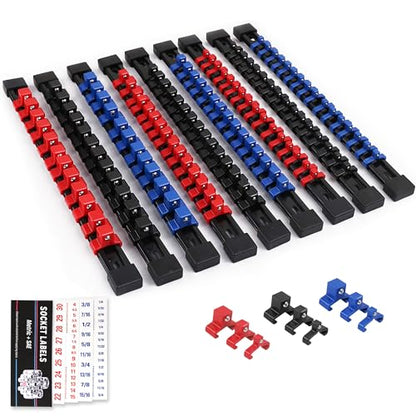 SWANLAKE 9-Piece Premium Socket Holder Organizer Set, 1/4-Inch x 48 Clips, 3/8-Inch x 45 Clips, 1/2-Inch x 36 Clips, Premium Quality Socket Clip Rail Holder - style: 9 PCS Red&Black&Blue