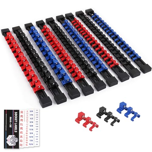 SWANLAKE 9-Piece Premium Socket Holder Organizer Set, 1/4-Inch x 48 Clips, 3/8-Inch x 45 Clips, 1/2-Inch x 36 Clips, Premium Quality Socket Clip Rail Holder - style: 9 PCS Red&Black&Blue