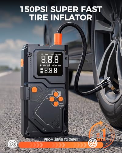 Jump Starter with Air Compressor, 12V Portable Car Battery Jumper Starter with 150PSI Tire Inflator, Emergency Power Bank for 8.5L Gas and 6.5L Diesel Engines
