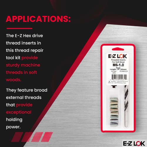 E-Z Hex Thread Repair Kit for Soft Wood Flush Threaded Inserts M6-1.0 x 20mm, Drill, Installation Tool - size: M6-1.0 x 20mm, style: Flush