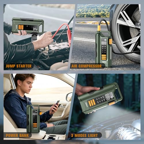 Jump Starter with Air Compressor, 5000A Car Battery Jump Starter, 16000mAh Battery Jumper Starter Portable for 10L Gas/Diesel Engine with 160PSI Booster, LED Display & Light, Jumper Cables - size: Standard Style, 5000A+16000mAh+160PSI
