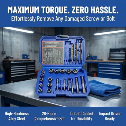 26Pcs Bolt Extractor Kit with Left Hand Drill Bits, Easy Out Screw Extractor Set for Damaged Stripped Broken Lug Nuts, Bolts & Screws – Includes Hex Adapter - size: 26PCS