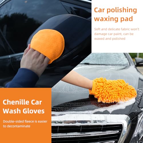 70" Car Wash Brush with Long Handle, 12-Inch Flow-Thru Soft Bristle Car Washing Brush, Wheel Brush, Microfiber Cleaning Mop, Mitt, Window Squeegee, Interior Cleaning Kit, Bag, for Car SUV Truck RV