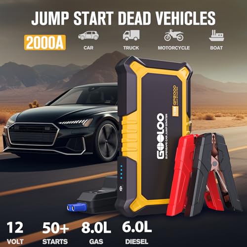 GOOLOO New GP2000 Jump Starter 2000A Car Starter Battery Pack (Up to 8.0L Gas, 6.0L Diesel Engine),12V Car Battery Charger Jumper Starter, Supersafe Portable Lithium Jump Box with USB Quick Charge - color: Yellow